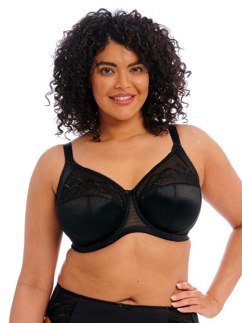 Elomi Cate Bra EL4030 Black, full figure underwire bra with embroidered top cup and firm support for full busted women