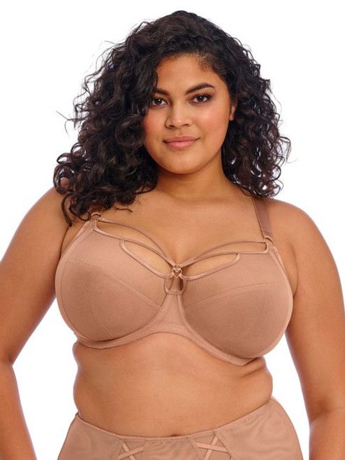 Elomi Sachi Underwire Plunge Bra EL4350 in Café au Lait, nude-tone strappy plunge bra with cage detail and firm lift, perfect for full busted and full figure women shopping at a bra store near me