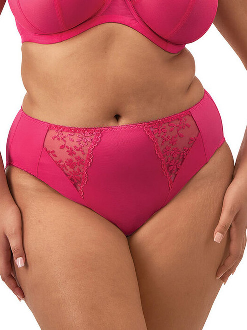 Elomi Zarla High Leg Brief EL302610 styled in Love Potion pink offers plus size lingerie with everyday comfort, breathable mesh, and embroidered detail that pairs perfectly with the Zarla bra.