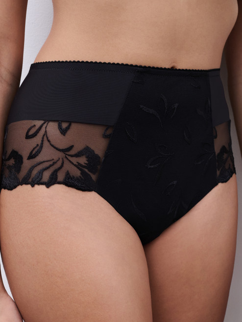 Chantelle Majestic High-Waist Support Brief C1B3C5 in Black, front view, tummy control brief with floral embroidery