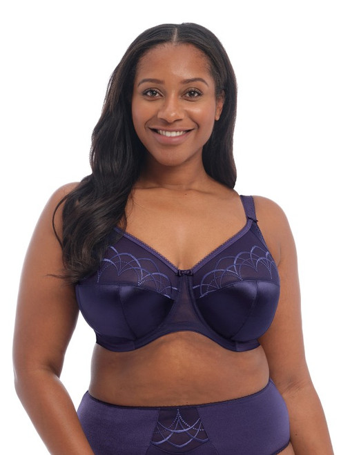 Elomi Cate Bra EL4030 Ink, rich navy full busted bra with embroidered sheer cup and supportive banded frame
