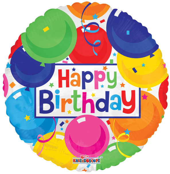 18"K Happy Birthday Colorful Balloons Gellibean flat (10 count)