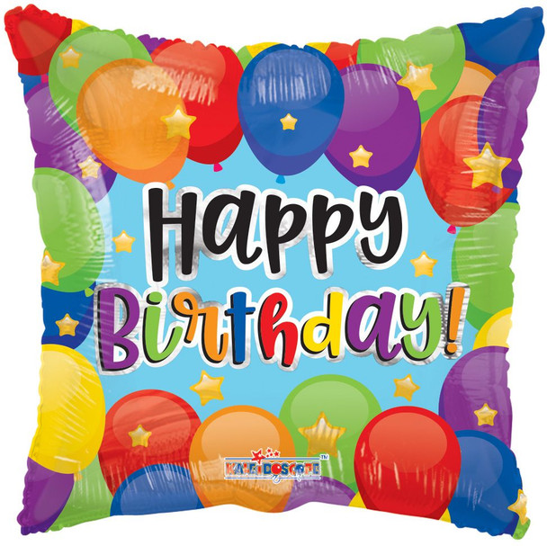 18"K Happy Birthday Lots Of Balloons  flat (10 count)