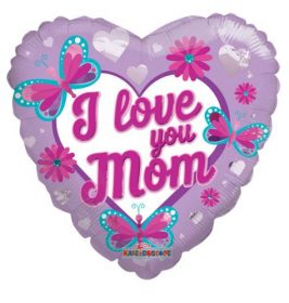 18"K Love You Mom Butterflies and Flowers flat (10 count)