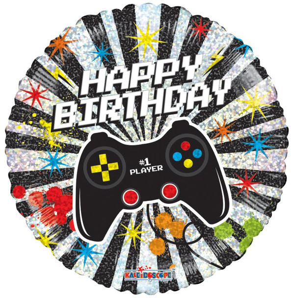 18"K Happy Birthday Gamer Holographic flat (10 count)