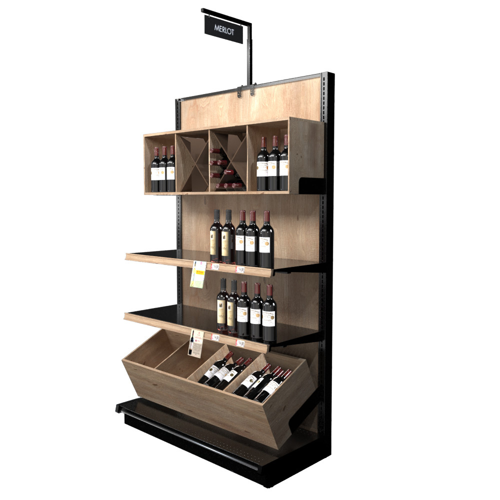 Black Wall Gondola Shelving With Wood Bins & Shelves | DGS Retail