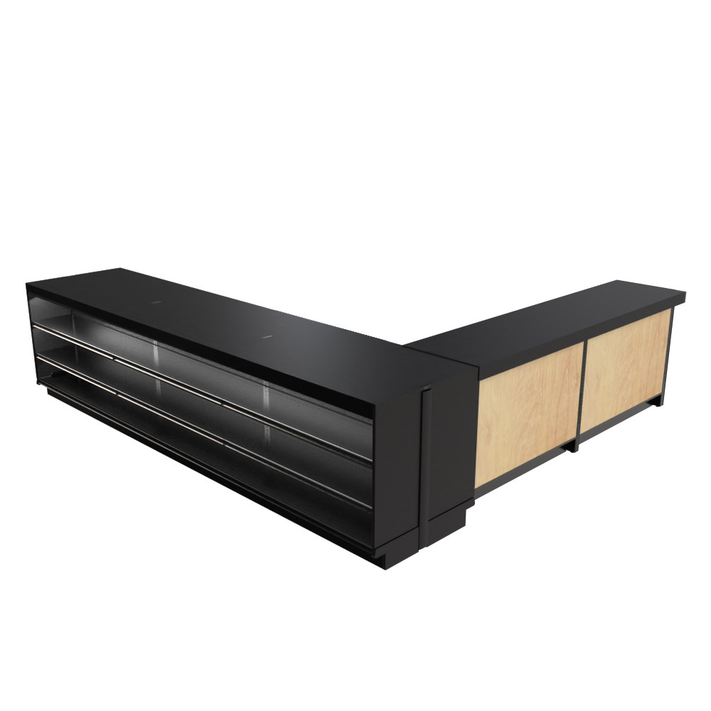 Wood Lozier L-Shaped Checkout Counter with 24 Shelves | DGS Retail