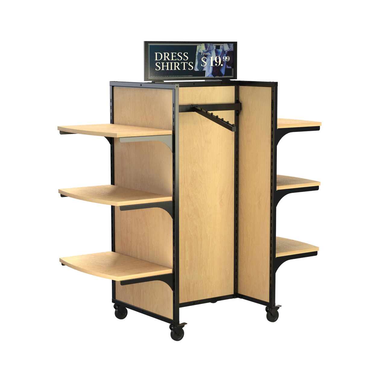 E&YのDISPLAY SHELVES Wood Mobile Display 59W 62H — 6 Shelves & 2 Hangbars with Faceouts