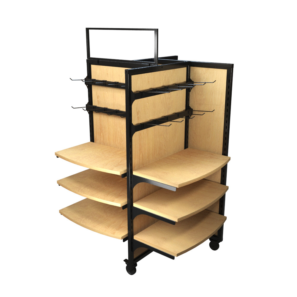 Wood Rolling Gondola — 12 Shelves, 8 Hangbars & 40 Peghooks 44W