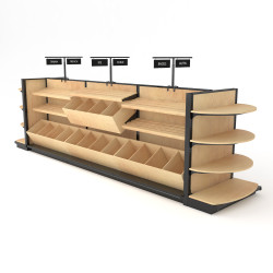 A 16-foot long wooden bread shelving island display fixture with black metal uprights. It features 26 angled shelves, a large continuous lower trough bin for bulk items, and a rounded endcap shelving section. Overhead signs indicate sections for Italian, French, Rye, Wheat, Bagels, and Muffin products.