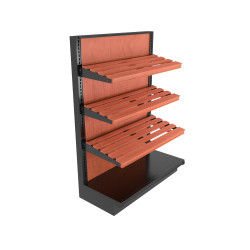 54-inch high by 36-inch wide retail end cap display featuring a black metal frame, wood back panel, and three angled wood slat shelves designed for bakery merchandising.