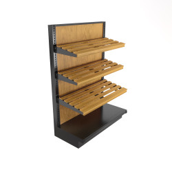 Studio render of the empty 54H x 36W pastry display end cap fixture, featuring a black metal frame, a wood back panel, and three tiered wooden slat shelves.