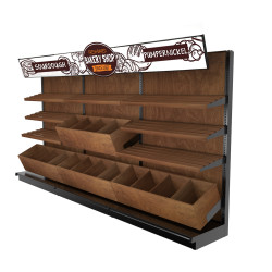 Baked Goods Wall Display With 14 Wood Bins & Shelves, 12ft Wide 72H Baked Goods Wall Display With 14 Wood Bins & Shelves, 12ft Wide 72H