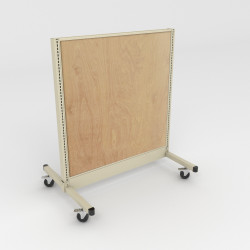 Platinum mobile gondola shelving with wood back panels. Platinum mobile gondola shelving with wood back panels.