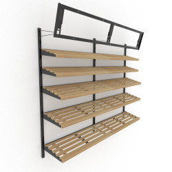 Retail wall display shown in empty configuration with stained wood slatted shelves and signage. Inside image shows telebracket for holding eight-foot-wide sign.