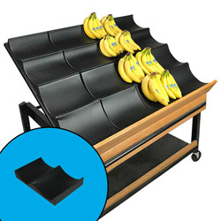 Produce display banana riser, shown as an individual unit and as a part of a combined set with bananas on top to show how they stack. Produce display banana riser, shown as an individual unit and as a part of a combined set with bananas on top to show how they stack.