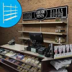 Retail wall display shown behind counter in liquor store configuration with shelves, bottles, and signage. Inside image shows base shelves. Retail wall display shown behind counter in liquor store configuration with shelves, bottles, and signage. Inside image shows base shelves.