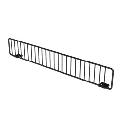 Black wire gondola shelf dividers at 3 inches high shown attached to 19-inch-deep retail shelf. Black wire gondola shelf dividers at 3 inches high shown attached to 19-inch-deep retail shelf.