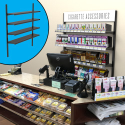 Behind-the-counter retail wall display selling cigarettes and related accessories. Behind-the-counter retail wall display selling cigarettes and related accessories.