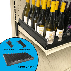 Gravity feed shelf shown with needed brackets, along with an example of it in use in a wine bottle configuration. Gravity feed shelf shown with needed brackets, along with an example of it in use in a wine bottle configuration.