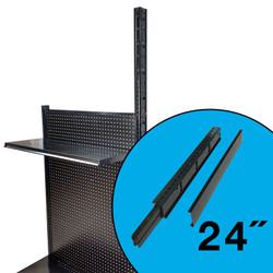 Black Lozier gondola extender shown on shelving upright extending 24 inches. Black Lozier gondola extender shown on shelving upright extending 24 inches.