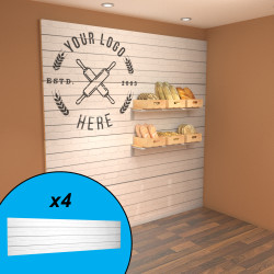White brick textured slatwall wall display shown with custom graphics and breads. White brick textured slatwall wall display shown with custom graphics and breads.