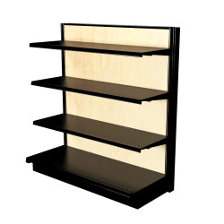 Light wood gondola shelving kit with three 16-inch-deep shelves and a 19-inch-deep base deck.