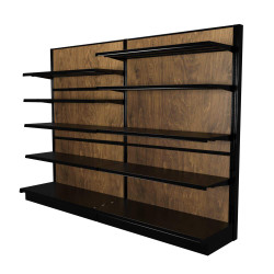 Wood gondola shelving kit with eight 16-inch-deep shelves and two 19-inch-deep base decks. Wood gondola shelving kit with eight 16-inch-deep shelves and two 19-inch-deep base decks.