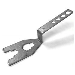 retail gondola shelving base leveling wrench tool with multiple openings for different size levelers, hex nuts and fasteners