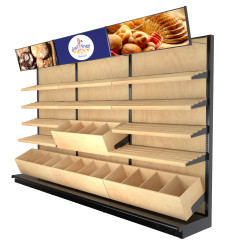9ft wide wood gondola wall unit for retail bakeries, featuring tiered slat shelves, angled wooden display bins, and header signage, shown fully merchandised with packaged bread products.
