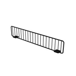Wire gondola shelf dividers at 3 inches high shown attached to 16-inch-deep retail shelf.