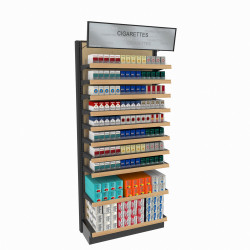 WoodMax Cigarette Display Rack 10 Shelves, Adjustable Spring Pushers 36W 84H WoodMax Cigarette Display Rack 10 Shelves, Adjustable Spring Pushers 36W 84H