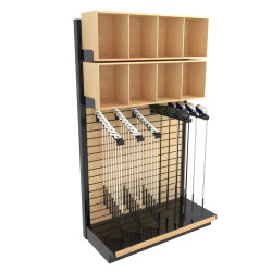 ClubExhibit Elite™ Golf Club Slatwall Display for 32 Clubs with 8 Wood Bins ClubExhibit Elite™ Golf Club Slatwall Display for 32 Clubs with 8 Wood Bins
