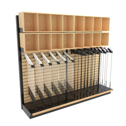 ClubExhibit Deluxe™ Golf Club Slatwall Display for 68 Clubs with 16 Wood Bins ClubExhibit Deluxe™ Golf Club Slatwall Display for 68 Clubs with 16 Wood Bins