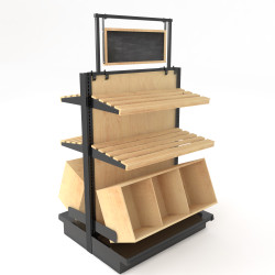 Empty 36-inch wide by 54-inch high wooden gondola island shelving unit featuring slatted bakery shelves, a multi-compartment angled base bin, and a black metal frame with a blank chalkboard sign.