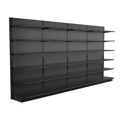 Lozier Black Gondola Shelving Wall Display - 16ft Wide, 96"H, 22"D, 24 Shelves Lozier Black Gondola Shelving Wall Display - 16ft Wide, 96"H, 22"D, 24 Shelves