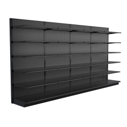 Lozier Black Gondola Shelving Wall Display - 16ft Wide, 96"H, 25"D, 24 Shelves Lozier Black Gondola Shelving Wall Display - 16ft Wide, 96"H, 25"D, 24 Shelves