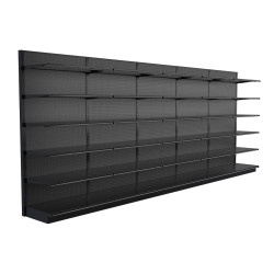 Lozier Black Gondola Shelving Wall Display - 20ft Wide, 96"H, 25"D, 30 Shelves Lozier Black Gondola Shelving Wall Display - 20ft Wide, 96"H, 25"D, 30 Shelves