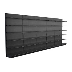 Lozier Black Gondola Shelving Wall Display - 20ft Wide, 96"H, 19"D, 30 Shelves Lozier Black Gondola Shelving Wall Display - 20ft Wide, 96"H, 19"D, 30 Shelves