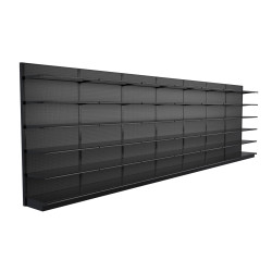 Lozier Black Gondola Shelving Wall Display - 28ft Wide, 96"H, 22"D, 42 Shelves Lozier Black Gondola Shelving Wall Display - 28ft Wide, 96"H, 22"D, 42 Shelves