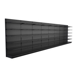 Lozier Black Gondola Shelving Wall Display - 32ft Wide, 96"H, 25"D, 48 Shelves Lozier Black Gondola Shelving Wall Display - 32ft Wide, 96"H, 25"D, 48 Shelves