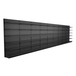 Lozier Black Gondola Shelving Wall Display - 36ft Wide, 96"H, 19"D, 54 Shelves Lozier Black Gondola Shelving Wall Display - 36ft Wide, 96"H, 19"D, 54 Shelves