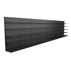 Lozier Black Gondola Shelving Wall Display - 32ft Wide, 84"H, 22"D, 40 Shelves Lozier Black Gondola Shelving Wall Display - 32ft Wide, 84"H, 22"D, 40 Shelves