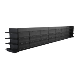 Lozier Black Gondola Shelving Island Display - 31ft Wide, 54"H, 13"D, 64 Shelves Lozier Black Gondola Shelving Island Display - 31ft Wide, 54"H, 13"D, 64 Shelves