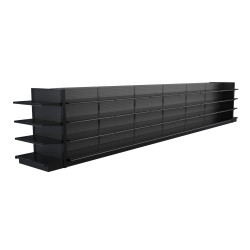 Lozier Black Gondola Shelving Island Display - 28ft Wide, 54"H, 19"D, 56 Shelves Lozier Black Gondola Shelving Island Display - 28ft Wide, 54"H, 19"D, 56 Shelves