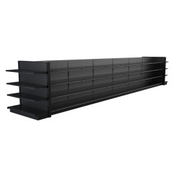 Lozier Black Gondola Shelving Island Display - 28ft Wide, 54"H, 22"D, 56 Shelves Lozier Black Gondola Shelving Island Display - 28ft Wide, 54"H, 22"D, 56 Shelves