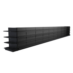 Lozier Black Gondola Shelving Island Display - 40ft Wide, 60"H, 19"D, 80 Shelves Lozier Black Gondola Shelving Island Display - 40ft Wide, 60"H, 19"D, 80 Shelves