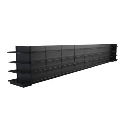 Lozier Black Gondola Shelving Island Display - 36ft Wide, 60"H, 16"D, 72 Shelves Lozier Black Gondola Shelving Island Display - 36ft Wide, 60"H, 16"D, 72 Shelves