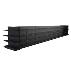 Lozier Black Gondola Shelving Island Display - 36ft Wide, 60"H, 22"D, 72 Shelves Lozier Black Gondola Shelving Island Display - 36ft Wide, 60"H, 22"D, 72 Shelves