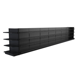 Lozier Black Gondola Shelving Island Display - 32ft Wide, 60"H, 19"D, 64 Shelves Lozier Black Gondola Shelving Island Display - 32ft Wide, 60"H, 19"D, 64 Shelves